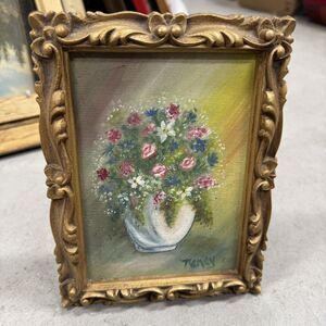 Vtg IIC Gold Ornate Faux Carved Wood Photo Picture Frame W/ Floral Painting Art